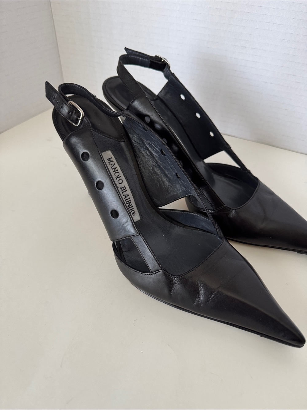 Manolo Blahnik Black Pointed Slingback Pumps with Cutout Sides - Picture 9 of 9